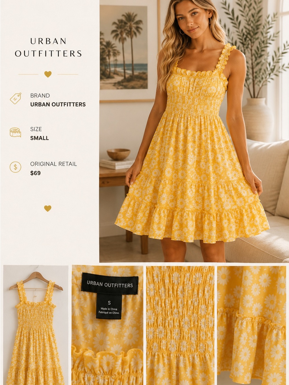Urban Outfitters Yellow Daisy Smocked Mini Dress